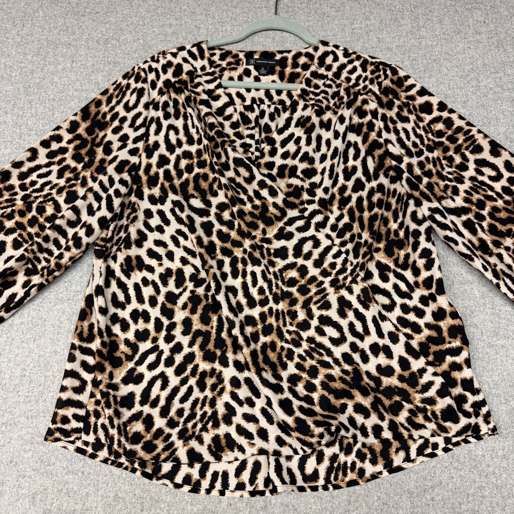 INC International Concepts Blouse XL Brown Leopard Wrap Surplice V-Neck Top Long